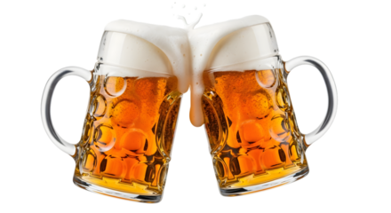 Two frosty beer mugs clinking together with frothy beer splashing out, isolated on transparent background
