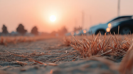 Serene sunset light over warm grass on ground