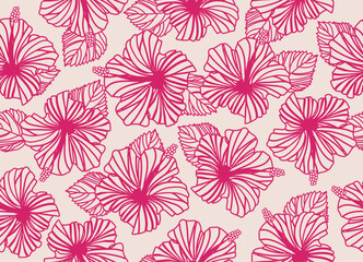 Seamless hibiscus illustration pattern, Botanical pattern, light blue, background image of southern country and hawaii and tropical image | apparel, textile. pink line art.