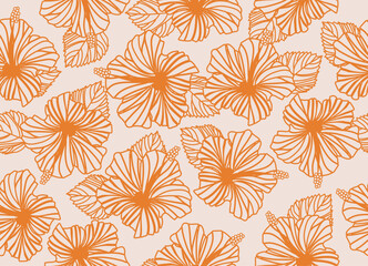 Seamless hibiscus illustration pattern, Botanical pattern, light blue, background image of southern country and hawaii and tropical image | apparel, textile. yellow line art.