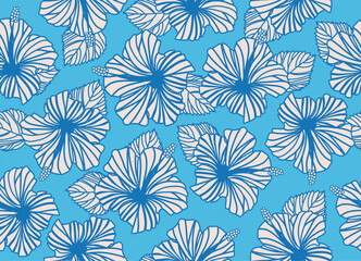 Seamless hibiscus illustration pattern, Botanical pattern, light blue, background image of southern country and hawaii and tropical image | apparel, textile. blue line art.