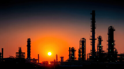 Oil gas refinery plant silhouette at dramatic sunset