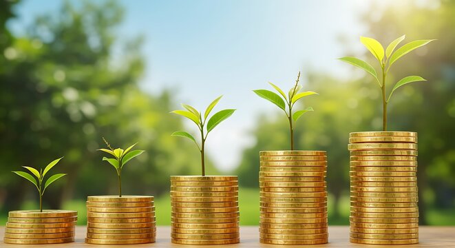 Stacks of gold coins with green plants growing on top money finance - Powered by Adobe