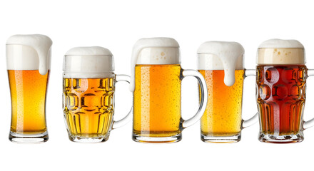 Five glasses of beer with foam isolated on transparent background