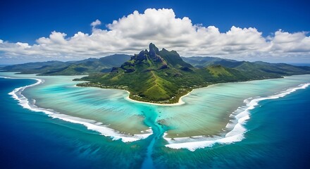 Aerial view of a lush green tropical island surrounded by turquoise water and coral reefs under a blue sky with clouds vacation background