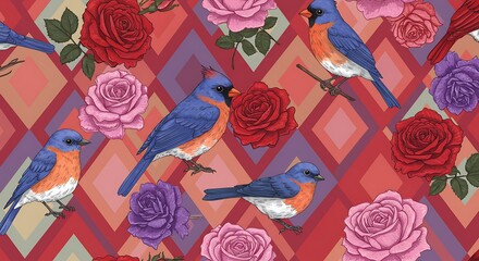 Artistic illustration of bluebirds and roses on a red geometric pattern