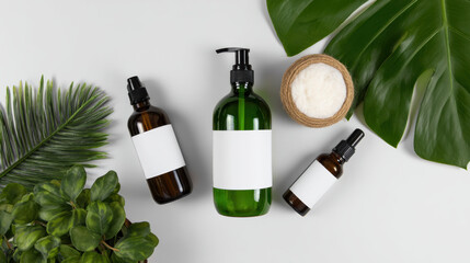 Calm natural skincare cosmetic bottle mockup flat lay