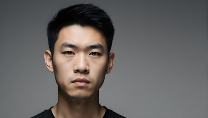 Fototapeta premium Focused Gaze: A compelling portrait of an Asian man with a stern, determined expression. The clean composition highlights his strong features. 