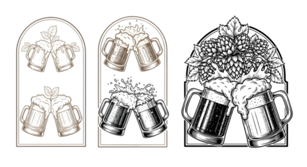 Three vintage beer mugs clinking together, isolated on transparent background