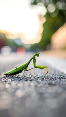 Mantis on a road at sunset