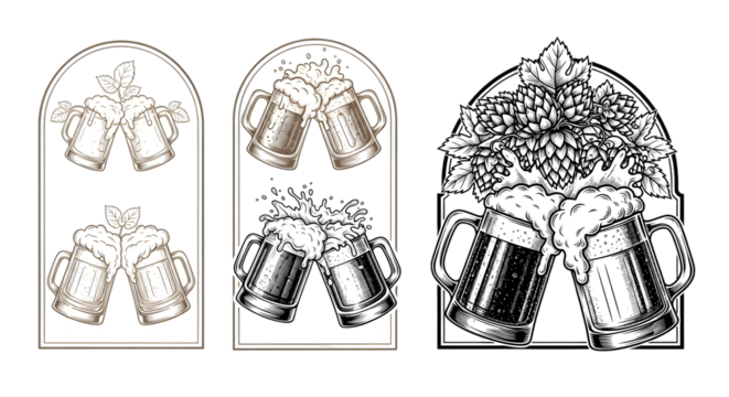 Three vintage beer mugs clinking together, isolated on transparent background