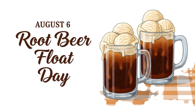 August 6 root beer float day celebration with two frosty mugs filled with root beer and ice cream, isolated on transparent background