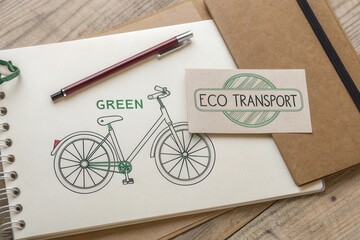 Flat lay image of a bicycle sketch and eco transport card