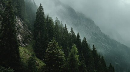 Moody foggy mountain forest with pine tree landscape