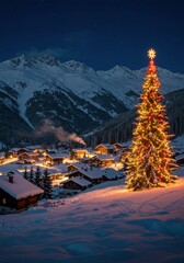 Illuminated Christmas tree in a snowy village at night