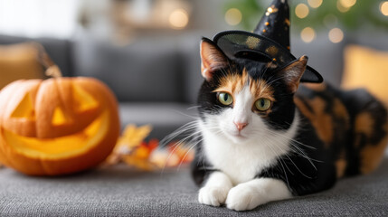 Cute cat in witch hat lying on couch for halloween