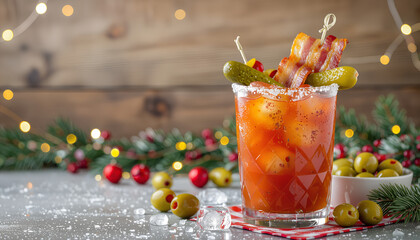 Frosty Bloody Mary cocktail with festive garnishes against rustic wood background