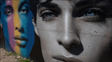 Pensive face street art mural in Brooklyn outdoor gallery