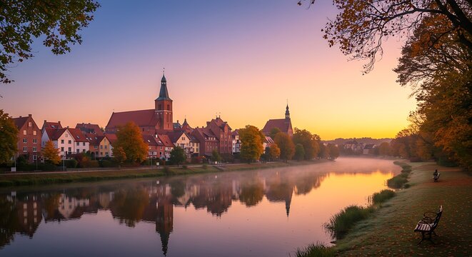 Picturesque old town at sunrise reflecting in the river creating a serene atmosphere with vibrant
