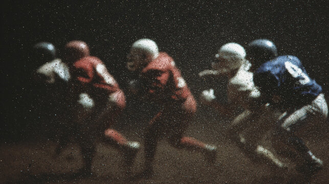 Vintage football players in game action competition