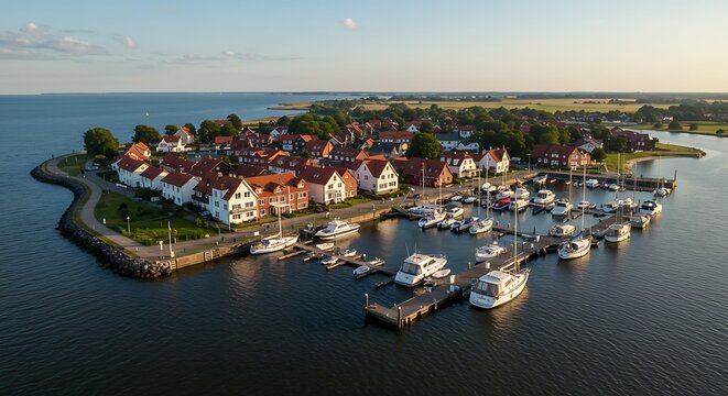 Picturesque aerial view of a charming coastal town with a marina at sunset offering tranquility
