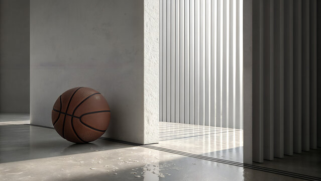 Brown basketball leaning against modern concrete wall with striped shadows on polished reflective floor minimalist sport concept illustration perfect for design posters and athletic visuals