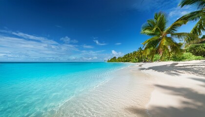 A Tranquil Tropical Beach With White Sand Palm Trees And Clear Turquoise Water Under A Bright Blue Sky