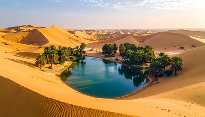 Aerial vista showcases a vibrant oasis of date palms and water, encircled by towering, wind-sculpted sand dunes bathed in golden sunlight