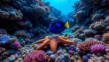 A stunning underwater view of a colorful coral reef, showcasing a blue fish swimming above a starfish among vibrant corals during the day