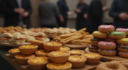 Several trays and wooden boards display various food items including small quiches, sandwiches, breadsticks, and an assortment of colorful donuts with frosting, arranged in a buffet style.