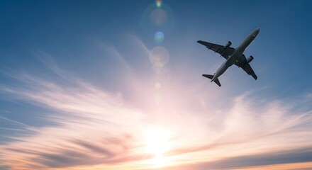 Commercial airplane soaring through a vibrant sunset sky with wispy clouds, symbolizing travel and freedom vacation background