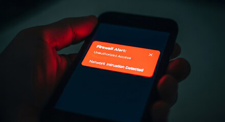Man holding smartphone with firewall alert message. Network intrusion detected on mobile device screen. Concept of cyber security threat.