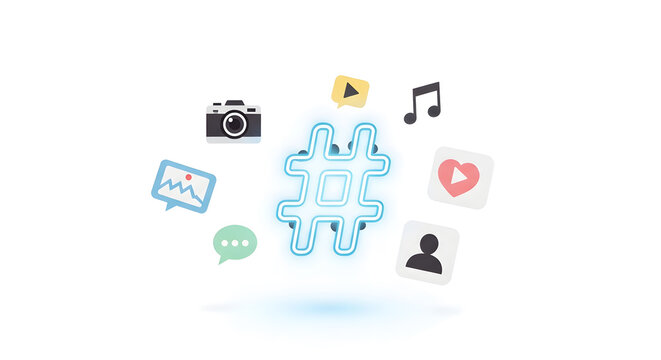 Hashtag Icon with Media Symbols: Social Media Concept