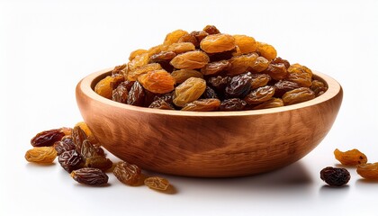 Obraz premium Raisins In Wooden Bowl Isolate On White Background