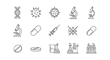 Collection of science and medical icons, including DNA, viruses, microscopes, pills, and lab equipment.