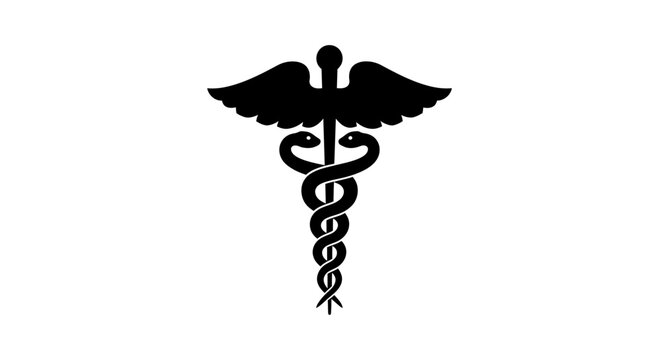 Black caduceus symbol with two snakes and wings on a white background, representing medicine and healthcare.