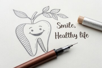 Tooth sketch and quote about a healthy smile on white paper