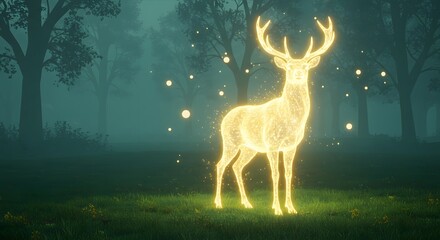 Ethereal Golden Stag Illuminated by Magical Fireflies in a Misty Enchanted Forest