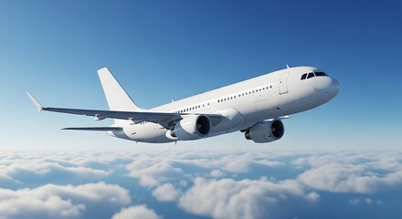 Obraz premium A white passenger airplane flying high above a sea of fluffy white clouds against a clear blue sky vacation background