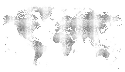 Vector dotted world map composed by number ones and zeros as a binary code.