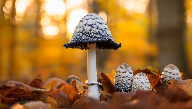 Black White Mushrooms Coprinopsis Picacea Magpie Mushroom Magpie Fungus Magpie Inkcap Fungus In Autumnal Yellow Forest In Autumn