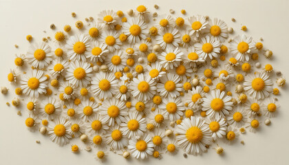 A vibrant assortment of white and yellow daisies lies scattered on a pale background, showcasing the beauty of flowers in a cheerful arrangement
