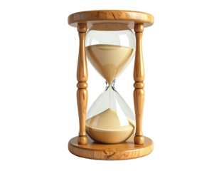 An hourglass with brown wooden frame and sand flowing through a glass bulb