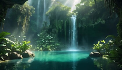 Beautiful natural waterfall cascade flowing in the green forest landscape with mossy rocks and trees