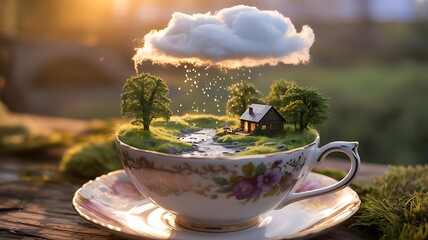 Dreamy miniature landscape inside teacup with cozy cabin, tranquil fantasy scene