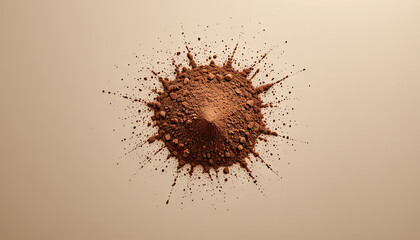 Brown powder is scattered on a light surface, creating a dynamic design. The fine particles are spread out from a central pile, emphasizing texture and depth