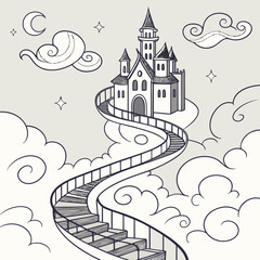 Fototapeta premium Whimsical hand drawn illustration of a fantastical castle perched atop clouds with a winding staircase leading up to its grand entrance under a starry night sky with a crescent moon