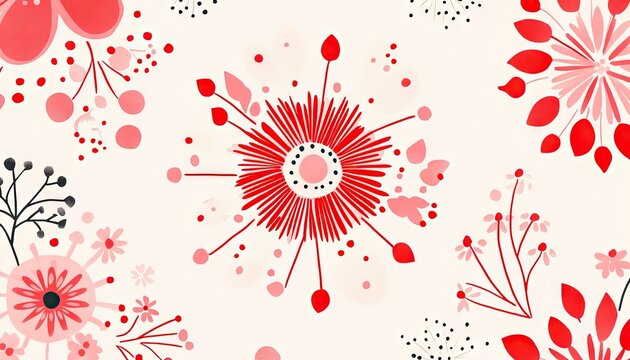Delicate floral pattern in shades of red and pink on a cream background