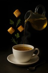 Pouring Olive Oil with Floating Bread Cubes