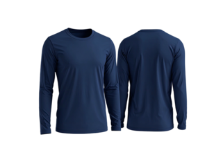Front and back view of a navy blue long-sleeved crew neck shirt
